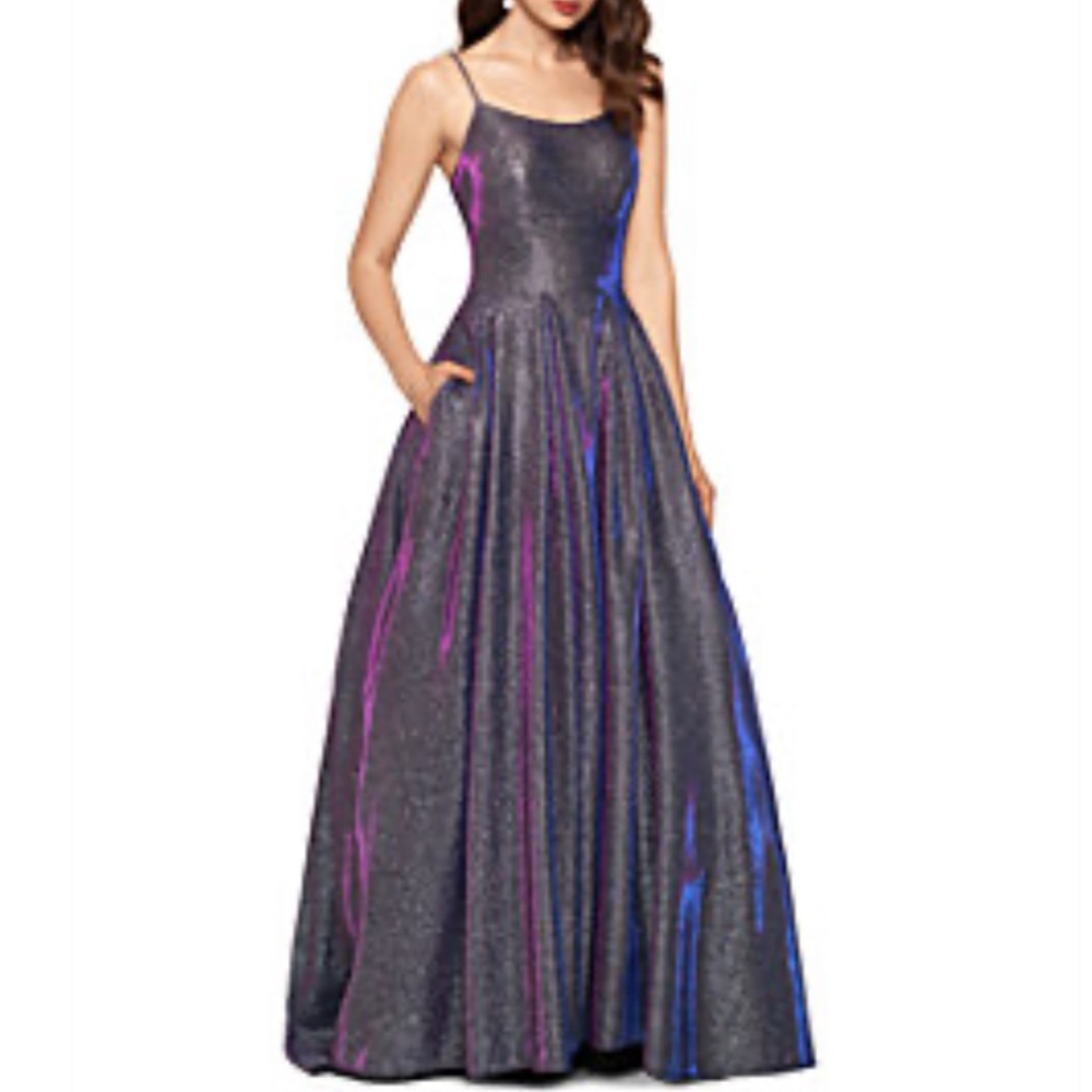 Betsy & Adam Ball Gown Silver/Fuchsia Metallic